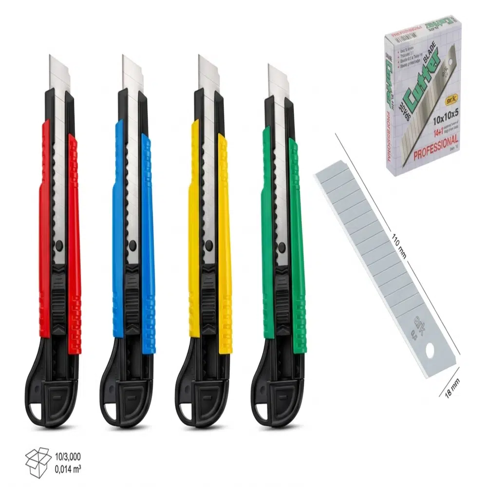 Ark Profesyonel 18 mm Maket Bıçağı Seti ve Yedek Bıçak Kutusu Karışık Renk 1 Adet Maket Bıçağı 10'lu Yedek Bıçak