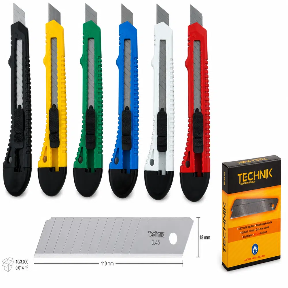 Technik 18 mm Kilitli Maket Bıçağı ve Yedek Bıçak Seti Karışık Renk 1 Adet Maket Bıçağı 10'lu Yedek Bıçak